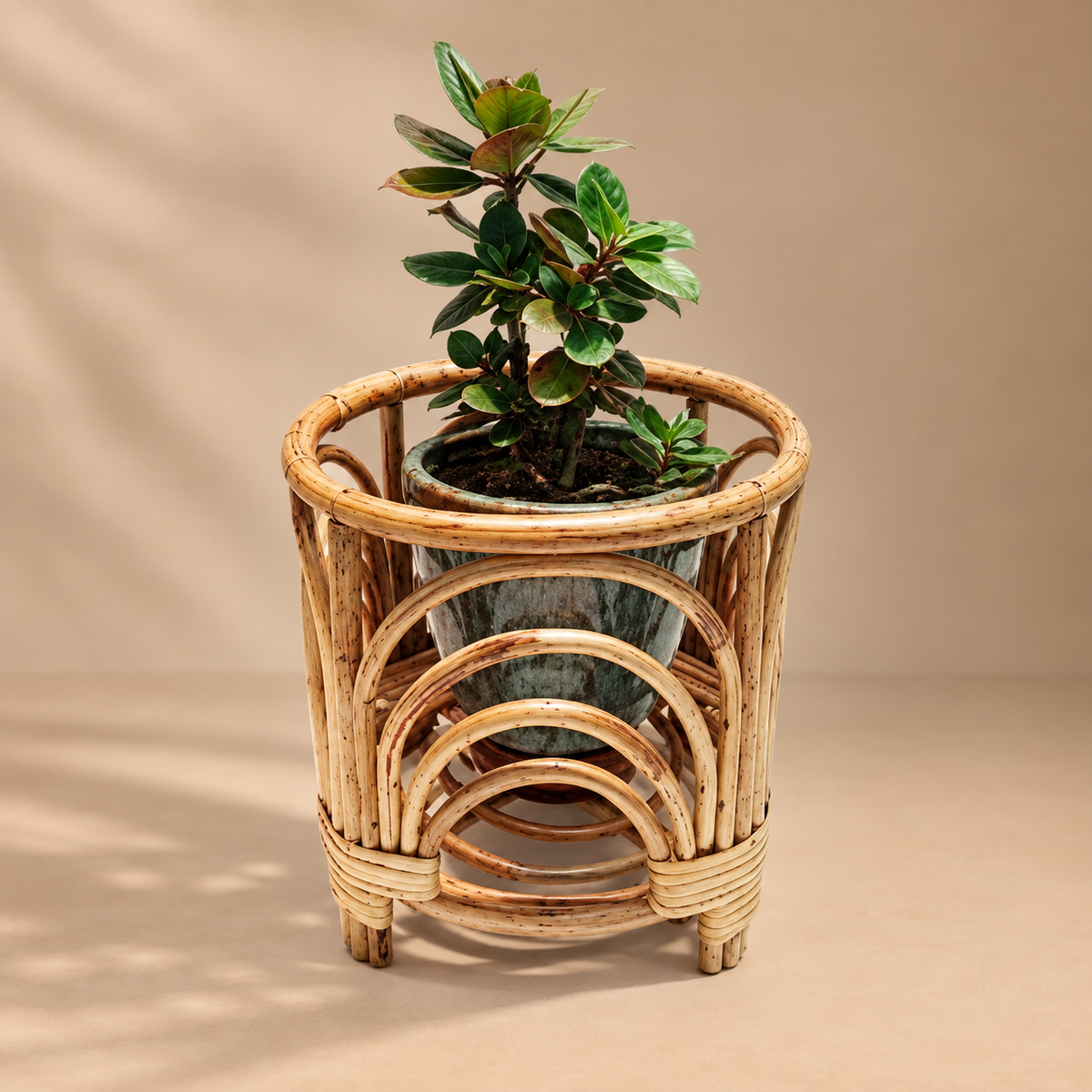 Cane Bamboo Rattan Wooden Planter Stand for Garden, Balcony Home and Office | 10W × 12H Inch — Canewoven