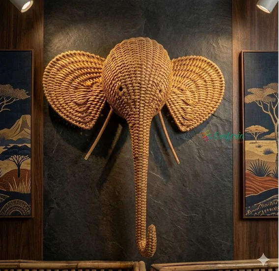 Animal Elephant Wall Decor, Straw Rattan Head Showpiece For Wall Decoration
