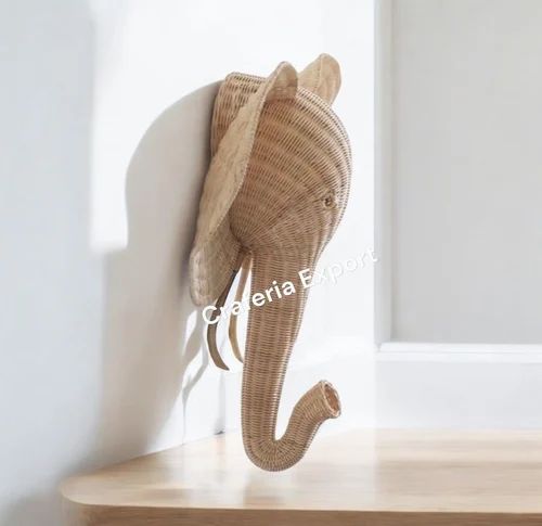 Animal Elephant Wall Decor, Straw Rattan Head Showpiece For Wall Decoration