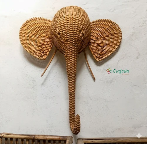 Animal Elephant Wall Decor, Straw Rattan Head Showpiece For Wall Decoration