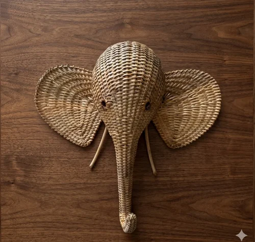 Animal Elephant Wall Decor, Straw Rattan Head Showpiece For Wall Decoration