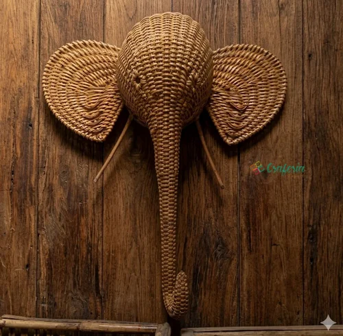 Animal Elephant Wall Decor, Straw Rattan Head Showpiece For Wall Decoration