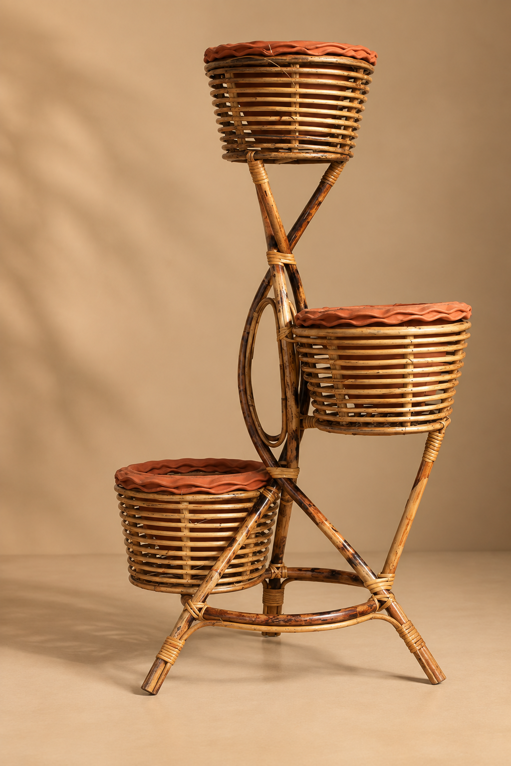 Rattan Cane Bamboo Flower Pot Stand for Living Room, Decor, Balcony Large planter, with 3-plant pot stand (set of1) — Canewoven