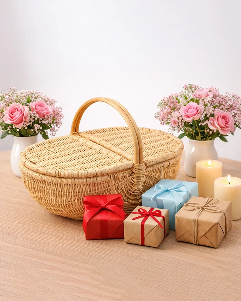 Handcrafted Cane Picnic Basket with Lid for Outdoor and Travel Use — Canewoven
