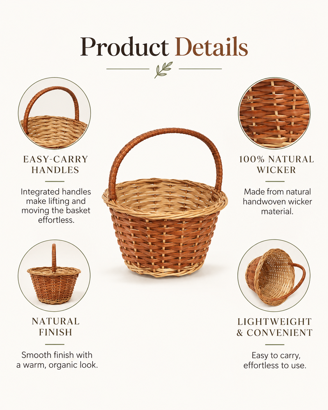 Handcrafted Wicker Round Basket for Fruits, Flowers, and Home Storage — Canewoven