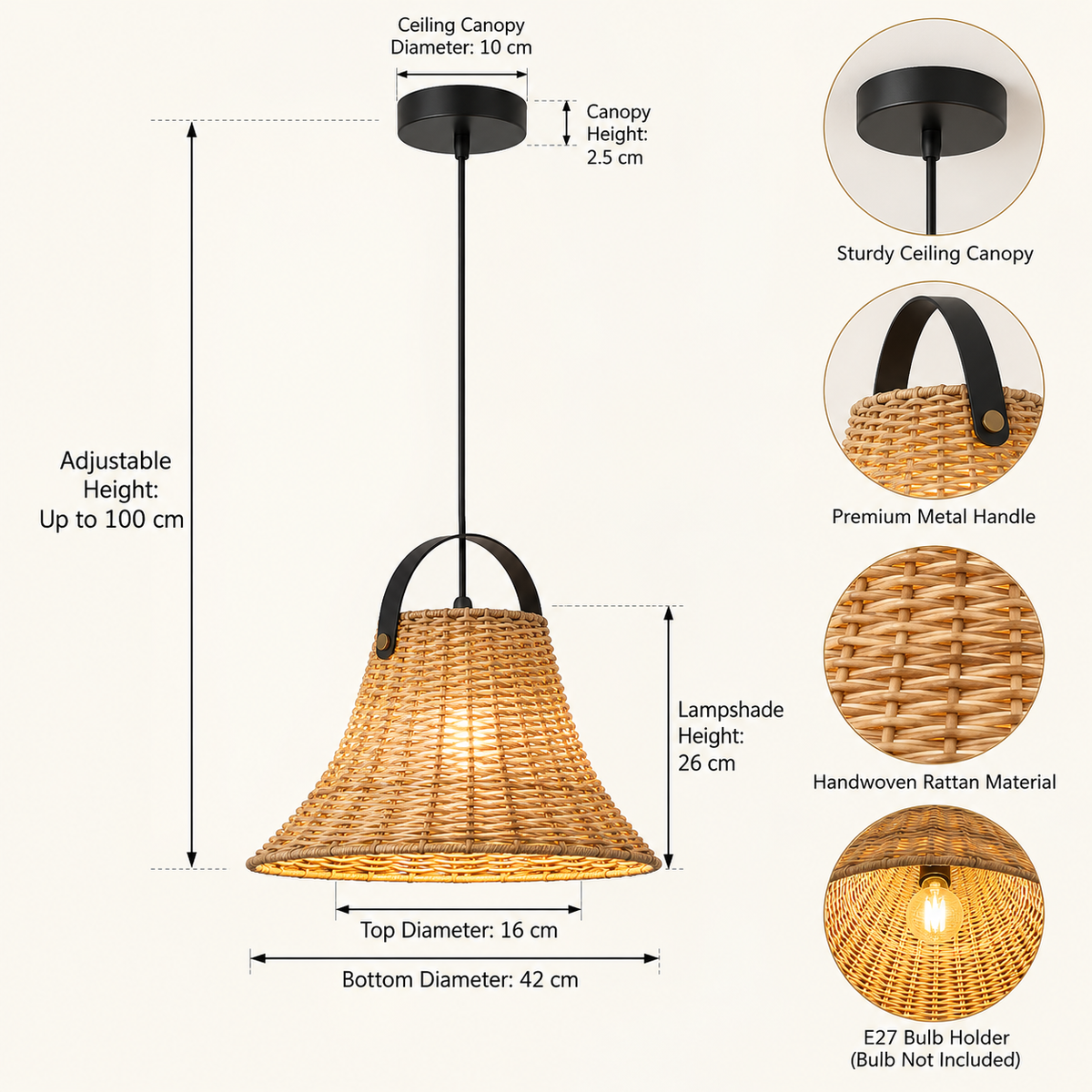 Natural Woven Rattan Pendant Light – 42 cm
