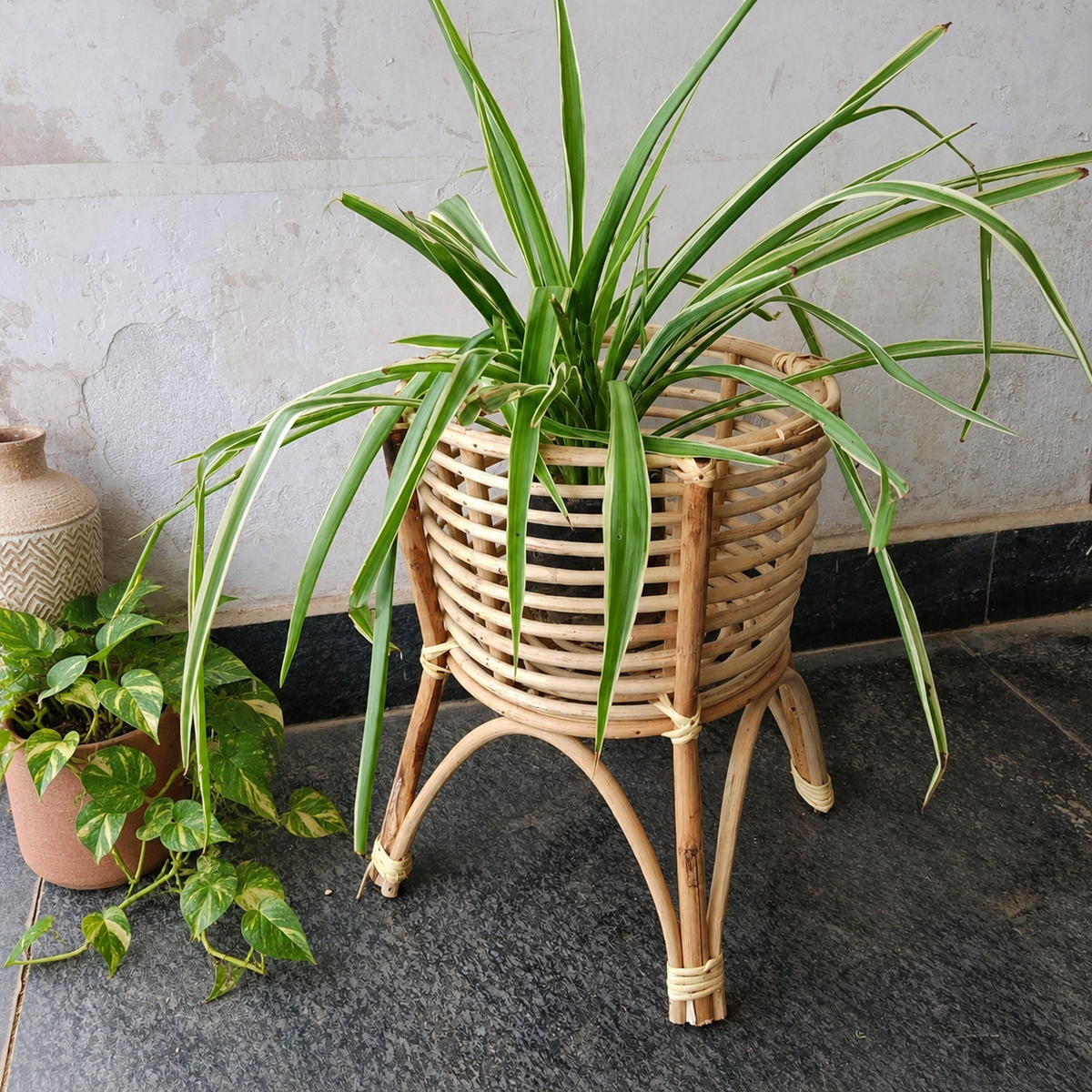 Cane Bamboo Rattan Wooden Planter Stand for Garden, Balcony Home and Office | Set of 2 | 11W × 14H Inch — Canewoven