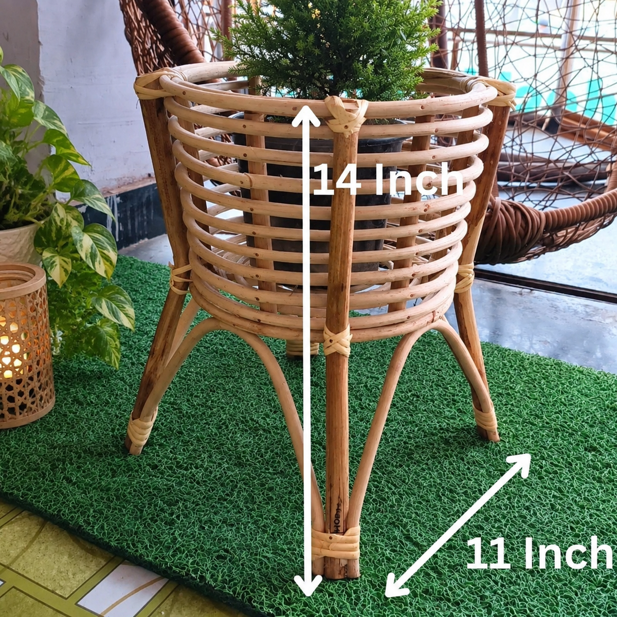 Cane Bamboo Rattan Wooden Planter Stand for Garden, Balcony Home and Office | Set of 2 | 11W × 14H Inch — Canewoven