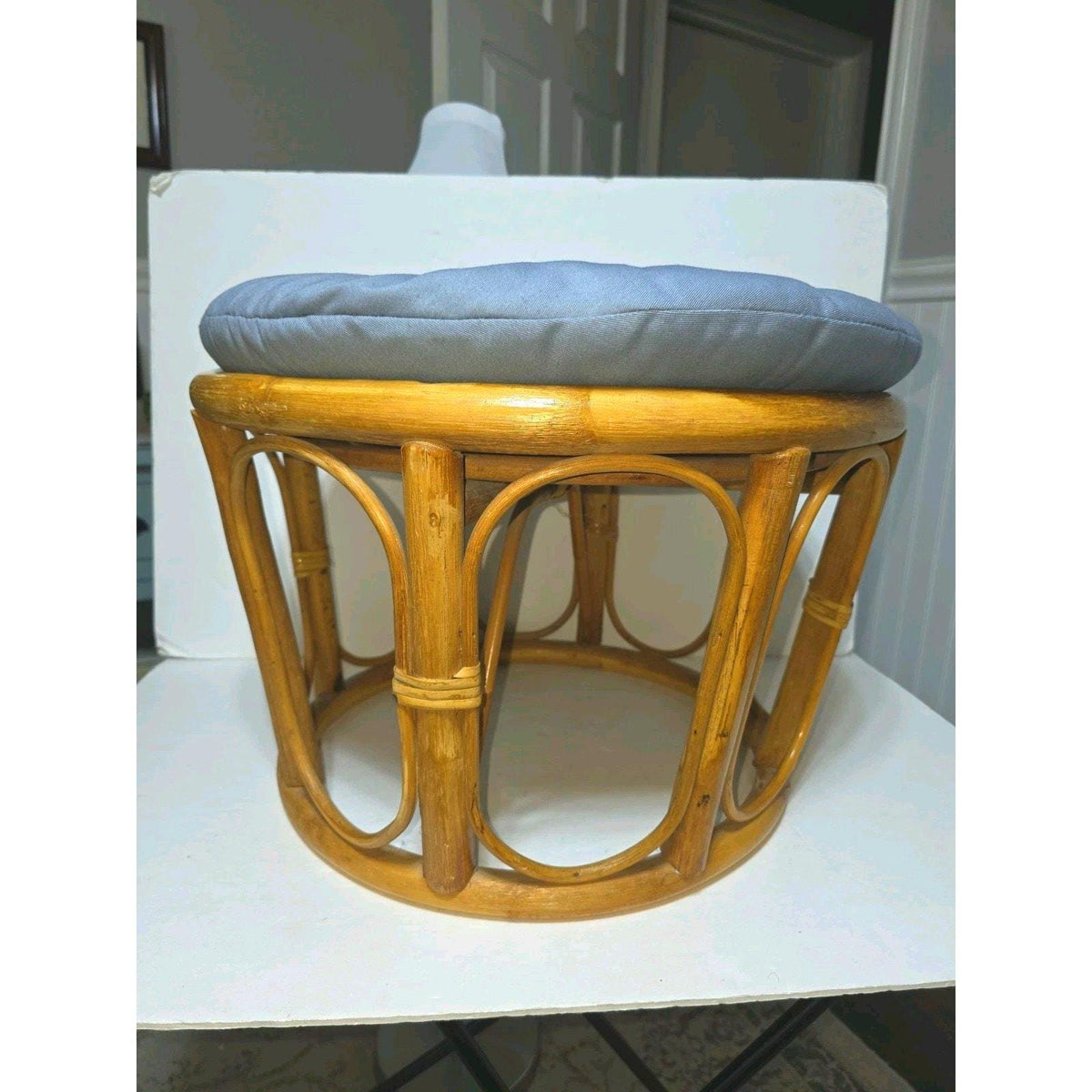 Vintage Bamboo Rattan Circular Footstool – Mid-Century Style