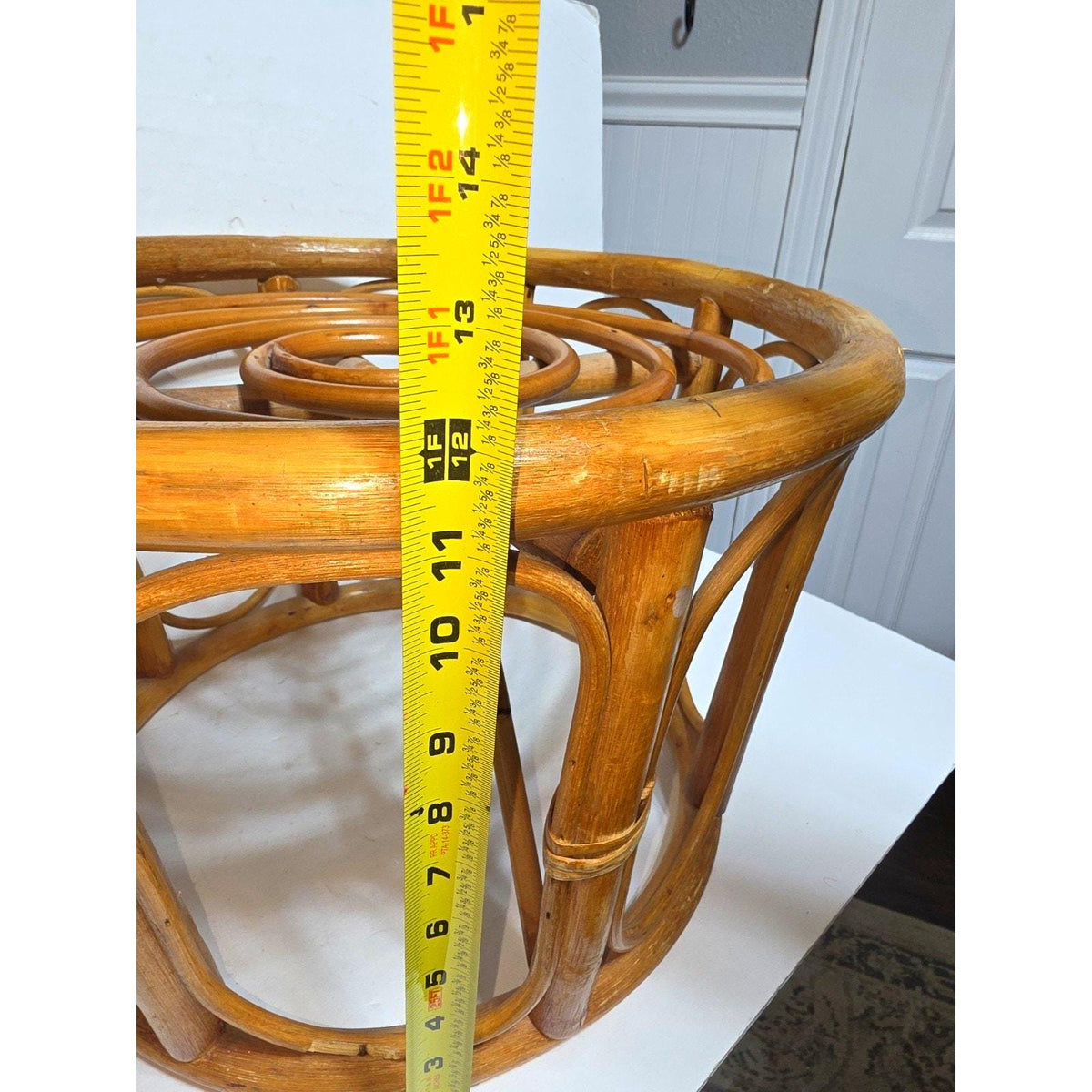 Vintage Bamboo Rattan Circular Footstool – Mid-Century Style