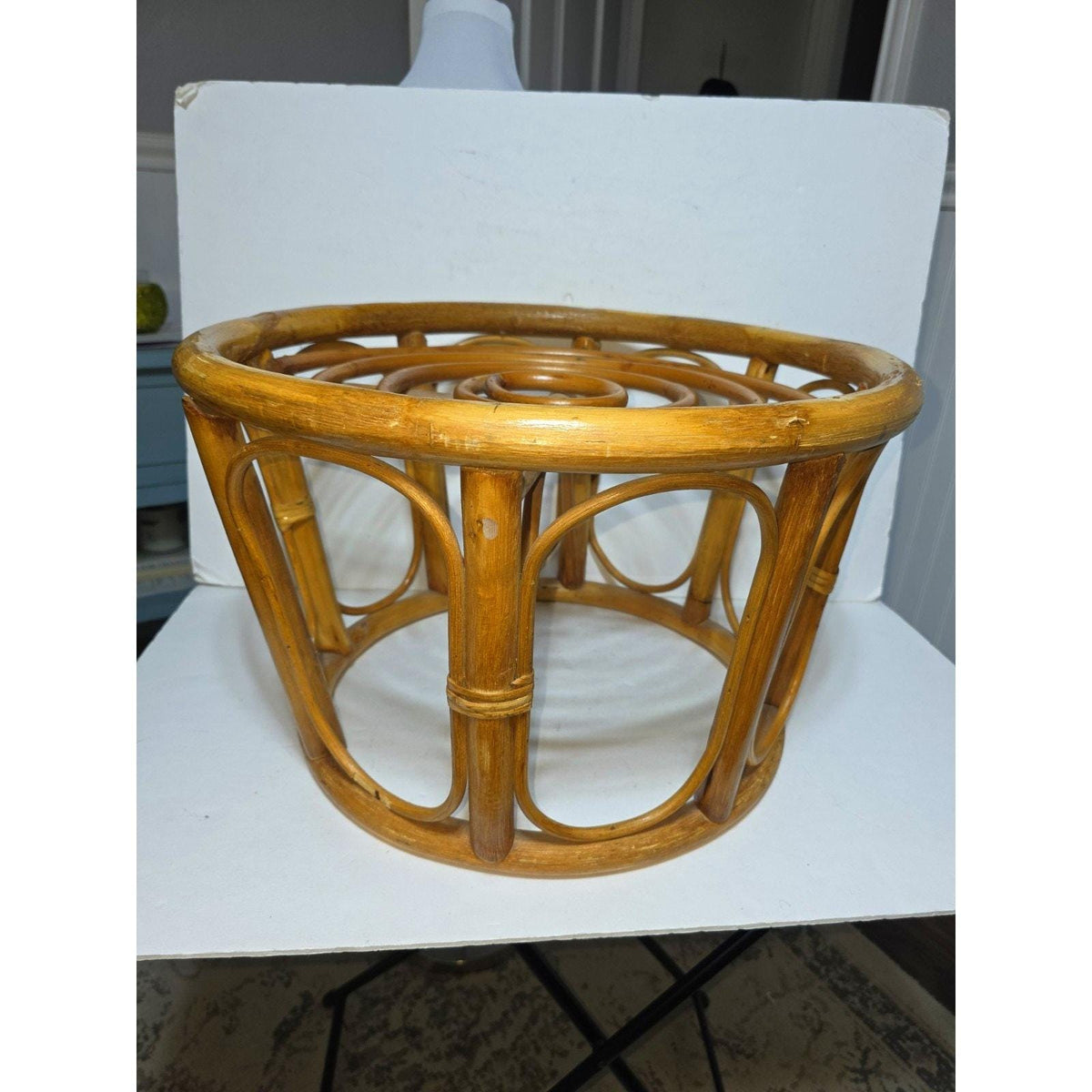 Vintage Bamboo Rattan Circular Footstool – Mid-Century Style