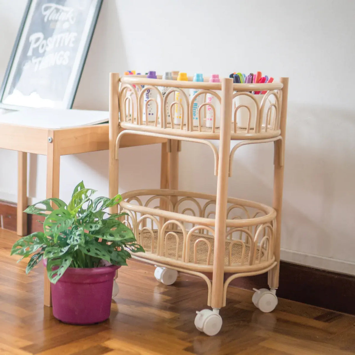 Handwoven Rattan 3-Tier Storage Cart – 70 cm High